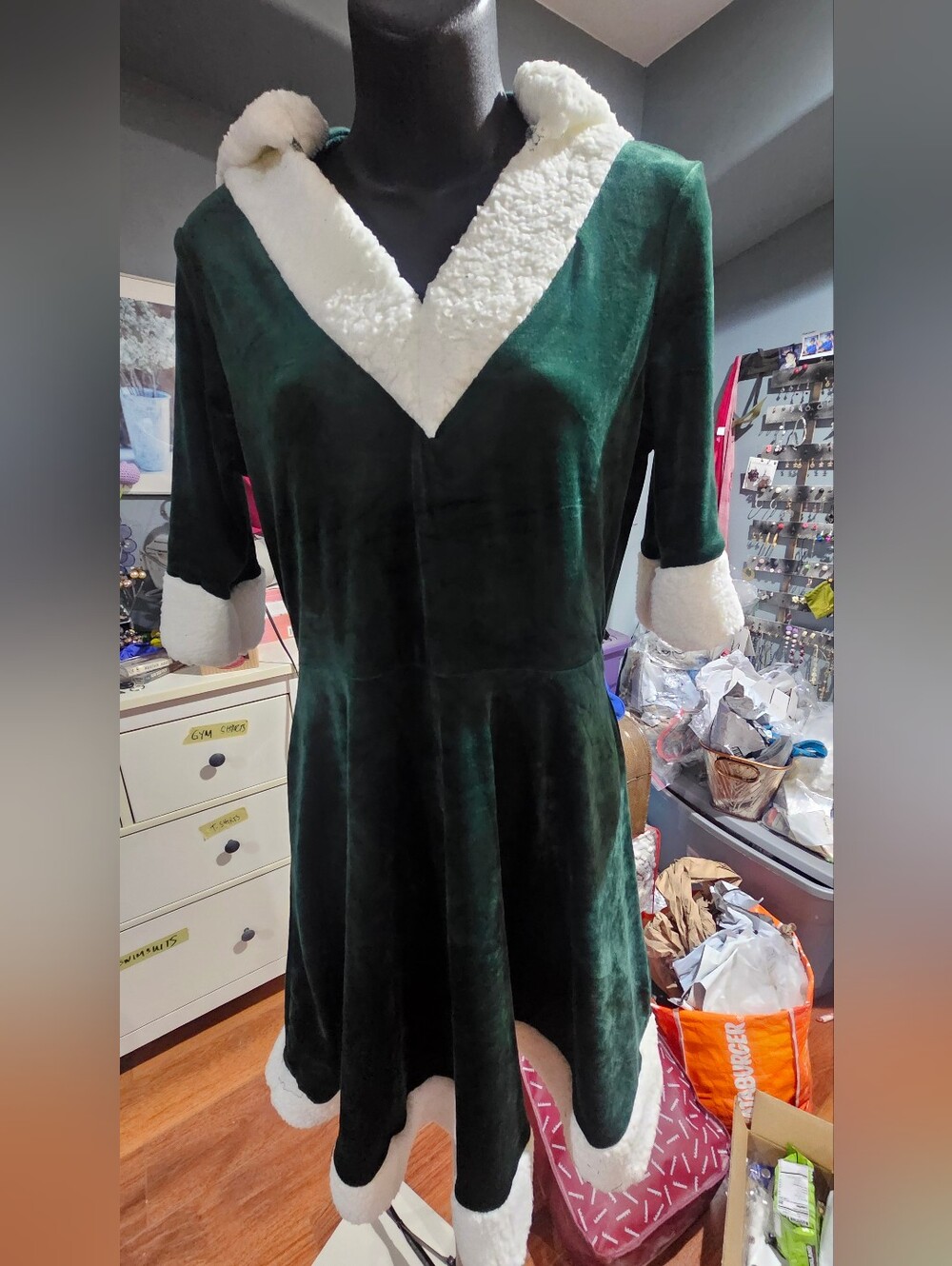 Women's Green Velvet Dress with White Faux Fur Trim
